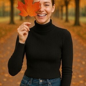 Women Solid Funnel Neck Rib Knit Sweater Black